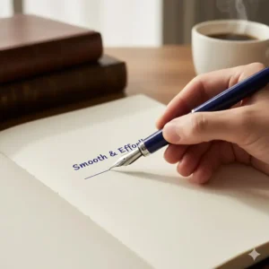 Close-up shot of an affordable fountain pen, one of the best budget pens, gracefully writing on a notebook.