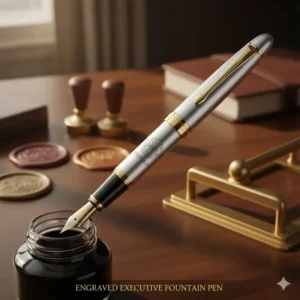 Elegant silver and gold-trim engraved executive fountain pen with a personalized laser engraving, highlighting its appeal as a sophisticated corporate gift.