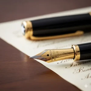 A close-up shot of the classic Montblanc Meisterstück nib, showcasing the luxury quality associated with these nice fountain pen brands.