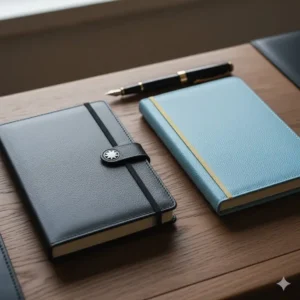 Close-up of a dark leather Montblanc notebook next to a pastel-colored Smythson Panama notebook, highlighting two prominent luxury notebook brands.