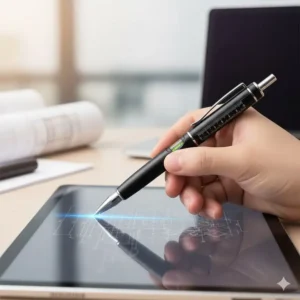 Close-up of the tool pen multi tool being used as a stylus on a tablet screen, highlighting its smooth operation.