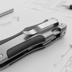 A detailed close-up shot of the innovative and secure pocket clip design on a modern multitool with pocket clip.