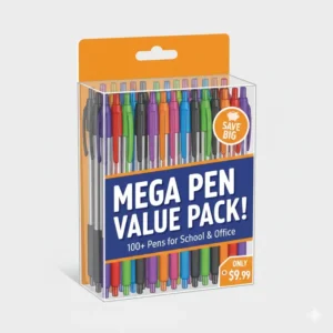 Image of a large, cheap pen value pack, highlighting the cost savings and bulk purchase option for students and offices.