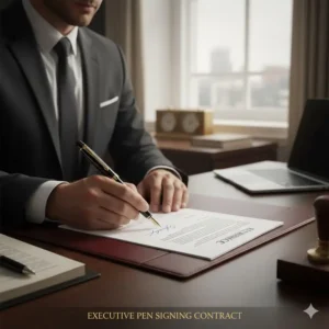 A professional in a suit using a high-quality black executive pen signing a business contract on a leather blotter, emphasizing the pen's role in important transactions.