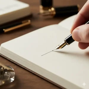 Macro shot of a page with clean, crisp fountain pen ink, illustrating the paper quality and bleed resistance of a luxury notebook.