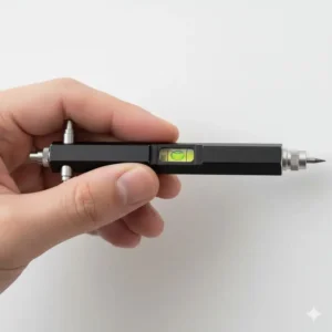 Hand holding the drafting pencil, demonstrating the small bubble level feature built into the main body of the multi tool pencil.