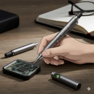 A visual demonstrating the small screwdriver bit (flat-head or Philips) that retracts from the end of the multi tool pen for quick fixes.