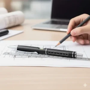 The compact tool pen multi tool laying flat on a desk, clearly displaying the ruler function.