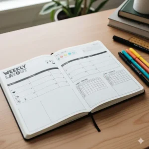 A popular bullet journal brand open to a spread showing dotted paper and an intricate planner layout.