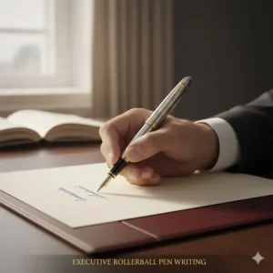 Hand holding a polished chrome executive rollerball pen, demonstrating the smooth, fluid writing experience on a sheet of ivory paper.