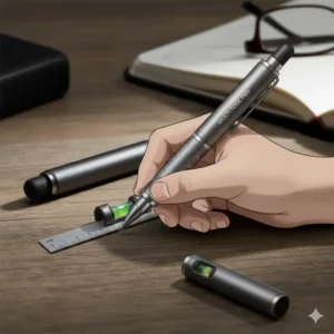 Image of the multi tool pen being used as a small ruler and bubble level to check a surface's alignment.