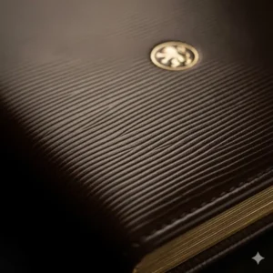Detail photo of a deep, textured premium leather notebook cover, possibly Saffiano or crossgrain, emphasizing the luxury notebook material.