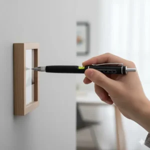 A handyman using the tool pen multi tool to check the spirit level of a small picture frame on a wall.