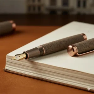 The distinct basaltic lava barrel of a Visconti Homo Sapiens, highlighting Italian craftsmanship among nice fountain pen brands.