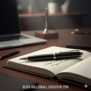 A modern, sleek black rollerball pen, offering a fluid writing experience, counted among the best executive pens.