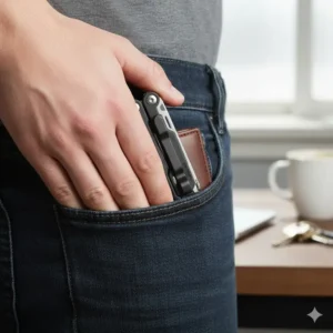 A practical image demonstrating the multitool with pocket clip secured on a pocket ready for Everyday Carry (EDC) use.