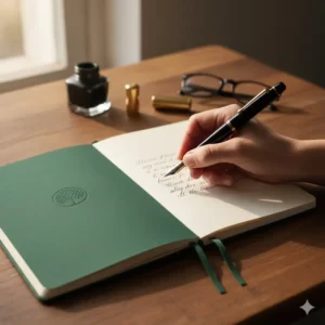 A person's hand writing with a fountain pen in a minimalist, premium notebook for daily journaling and planning.