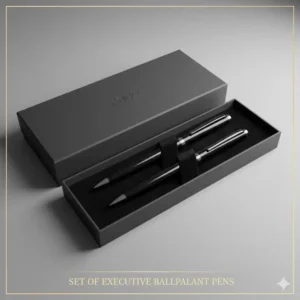A minimalist photo of a gift box containing a set of sleek executive ballpoint pens, perfect for everyday professional use and corporate branding.
