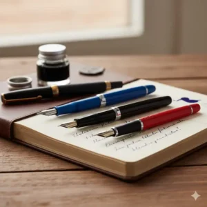 A bright red Lamy Safari fountain pen held over a journal, representing excellent entry-level nice fountain pen brands.