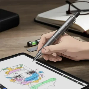 A person using the capacitive stylus tip of the multi tool pen to navigate or draw on a tablet screen.