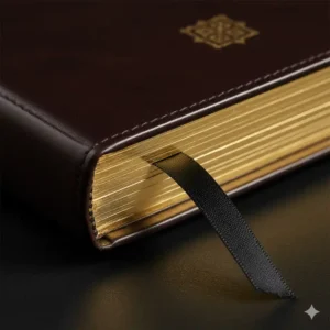 Image focusing on the gilded gold page edges and ribbon bookmark of a high-end journal, a signature detail of many luxury notebook brands.