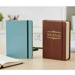 Side-by-side view of two top journal brands, one labeled "Notebook" and the other "Journal," highlighting the difference in use.