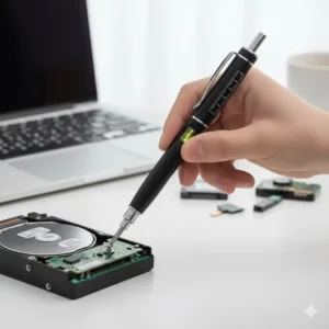 Detail shot of the person using the flat head screwdriver attachment from the tool pen multi tool to tighten a screw.