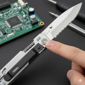 An illustration showcasing the safety mechanism of a fully locking multitool with pocket clip, emphasizing the secure blade.