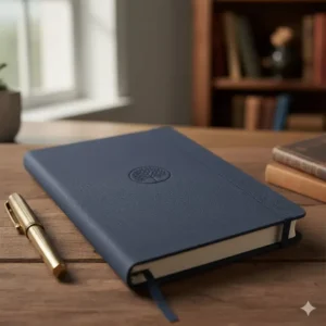 A shot highlighting the luxurious, textured cloth cover of a handcrafted premium notebook with an elastic closure band.