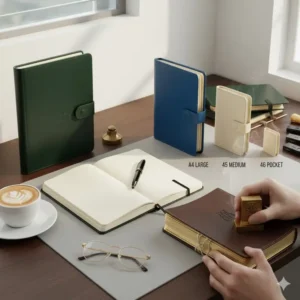 Elegant flat lay of a minimalist desk with a luxury notebook, a high-end pen, and a cup of coffee, signifying the executive lifestyle.