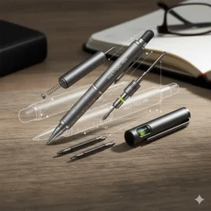 An exploded view diagram showing all the individual, high-quality components of the multi tool pen.