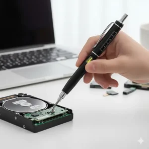 Image showing the Phillips head screwdriver function of the compact tool pen multi tool in action on an electronic device.