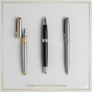 Layflat visual comparing the barrels and tips of different types of executive pens: fountain, rollerball, and ballpoint, explaining their unique features.