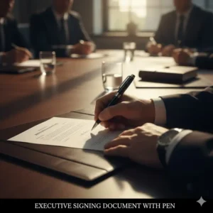 An executive's hand signing an important document with one of the best executive pens on a conference table.