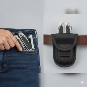 A comparison of a multitool with pocket clip for fast access versus a model requiring a traditional belt sheath.