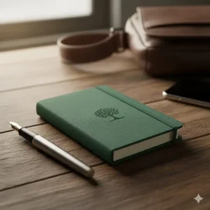 Small, pocket-size premium notebook next to a pen, illustrating its compact and portable design for on-the-go notes.