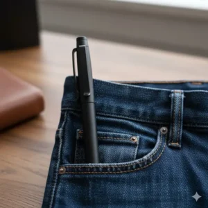 An everyday carry pen being held securely by a strong pocket clip to a pair of denim jeans or a shirt pocket.