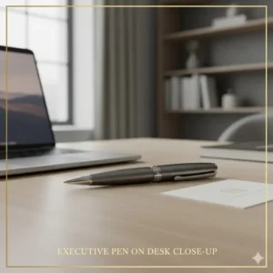 Close-up shot of a modern, heavy-weight metal executive pen resting beside a laptop and a business card on a clean office desk.