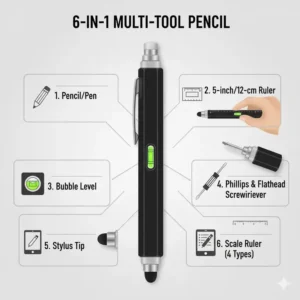 The uniquely designed multi-function pencil presented neatly in its attractive gift box packaging for the multi tool pencil.