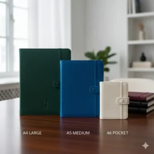 A visual comparison of three different luxury notebooks (A4, A5, and Pocket size) to show the available formats from top luxury notebook brands.