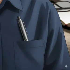 A shot of the multi tool pen clipped securely onto a shirt pocket, demonstrating its compact size and easy portability.