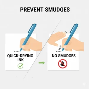 Simple graphic illustrating the quick-drying nature of the ink, preventing smudges on paper when using the best cheap pens.