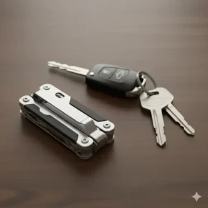 Picture of a compact, lightweight multitool with pocket clip next to a set of car keys to show scale and portability.