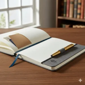 Illustration of key organizational features like an inner pocket, ribbon bookmark, and elastic pen loop in a premium notebook.