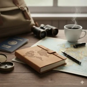 A compact, durable A5 travel journal brand lying next to a pen and a map, ready for a trip.