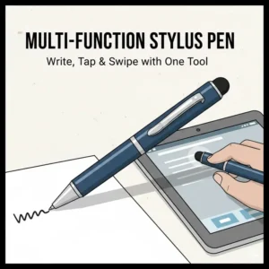 Image of a multi-function cheap pen that includes a stylus tip, great for both paper and touchscreens.