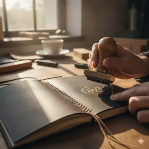 Close-up of the meticulous stitched binding or an artisan hand-stamping a logo on a handcrafted luxury notebook.