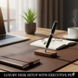 A high-end office desk setup featuring a leather blotter, a notebook, and one of the best executive pens resting on a wooden stand.