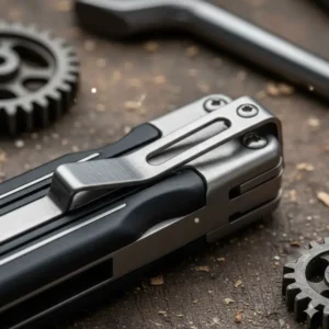 Close-up of the rugged, corrosion-resistant stainless steel pocket clip on the handle of the multitool with pocket clip.