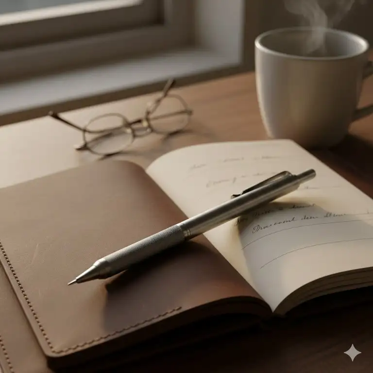 A premium titanium mechanical pencil resting on a leather notebook in a professional workspace.